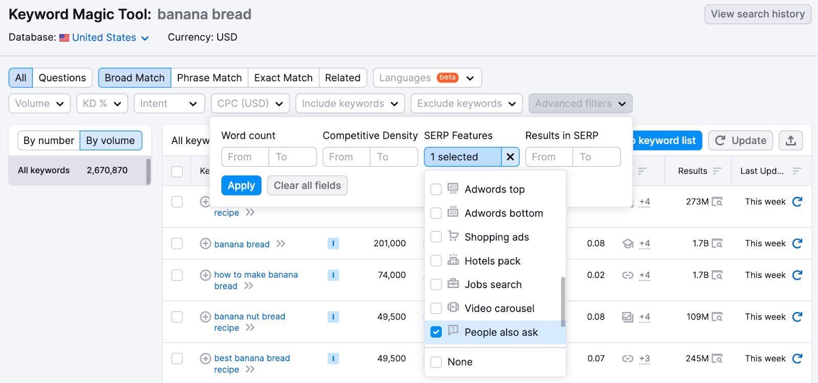Find keywords that rank for a people also ask snippet in Keyword Magic Tool