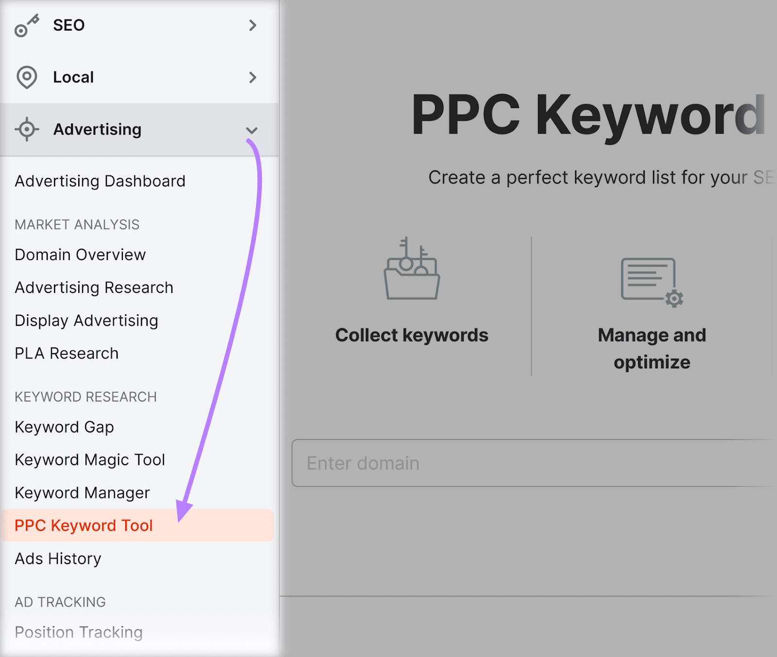 Navigating to "PPC Keyword Tool" in Semrush menu