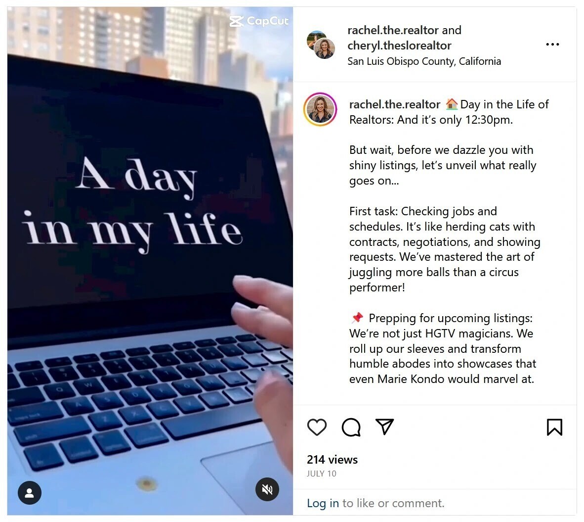 An example of an “Day in the Life of a Realtor” Instagram video