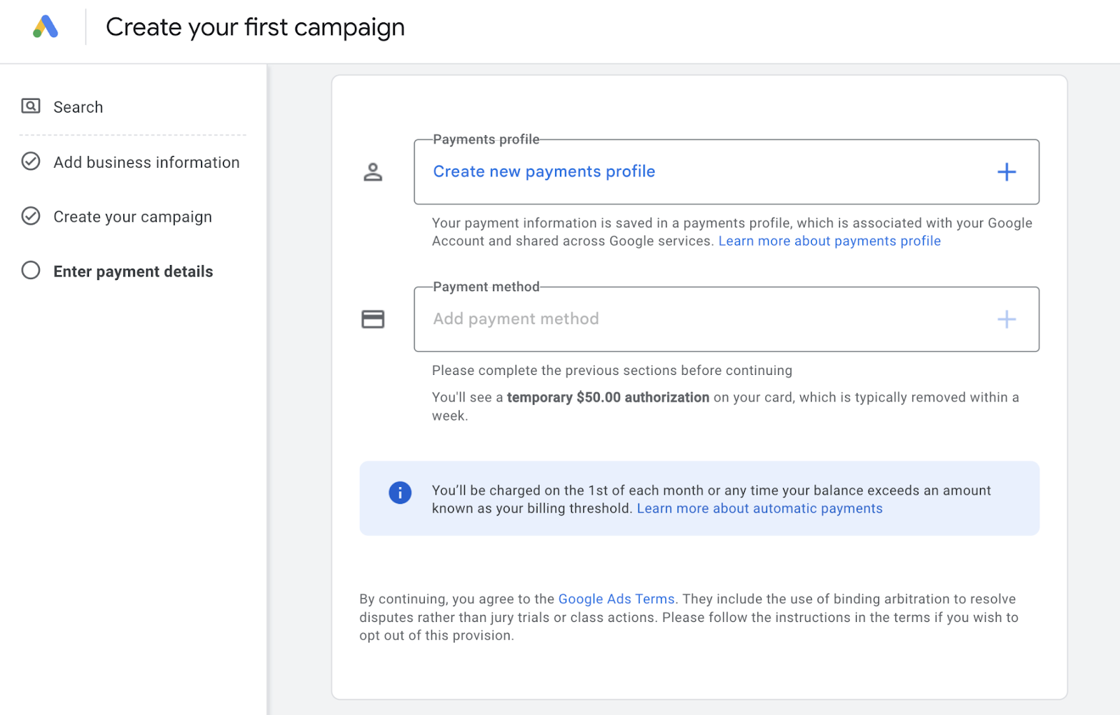 payments profile setup page