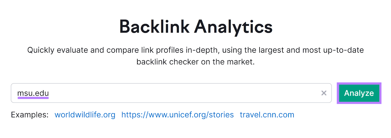 Backlink Analytics tool start with domain entered and Analyze button highlighted.