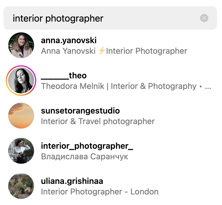 Instagram results for “interior photographer" search