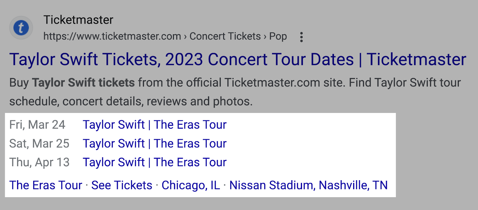 an example of a events snippet for Taylor Swift concert on Ticketmaster