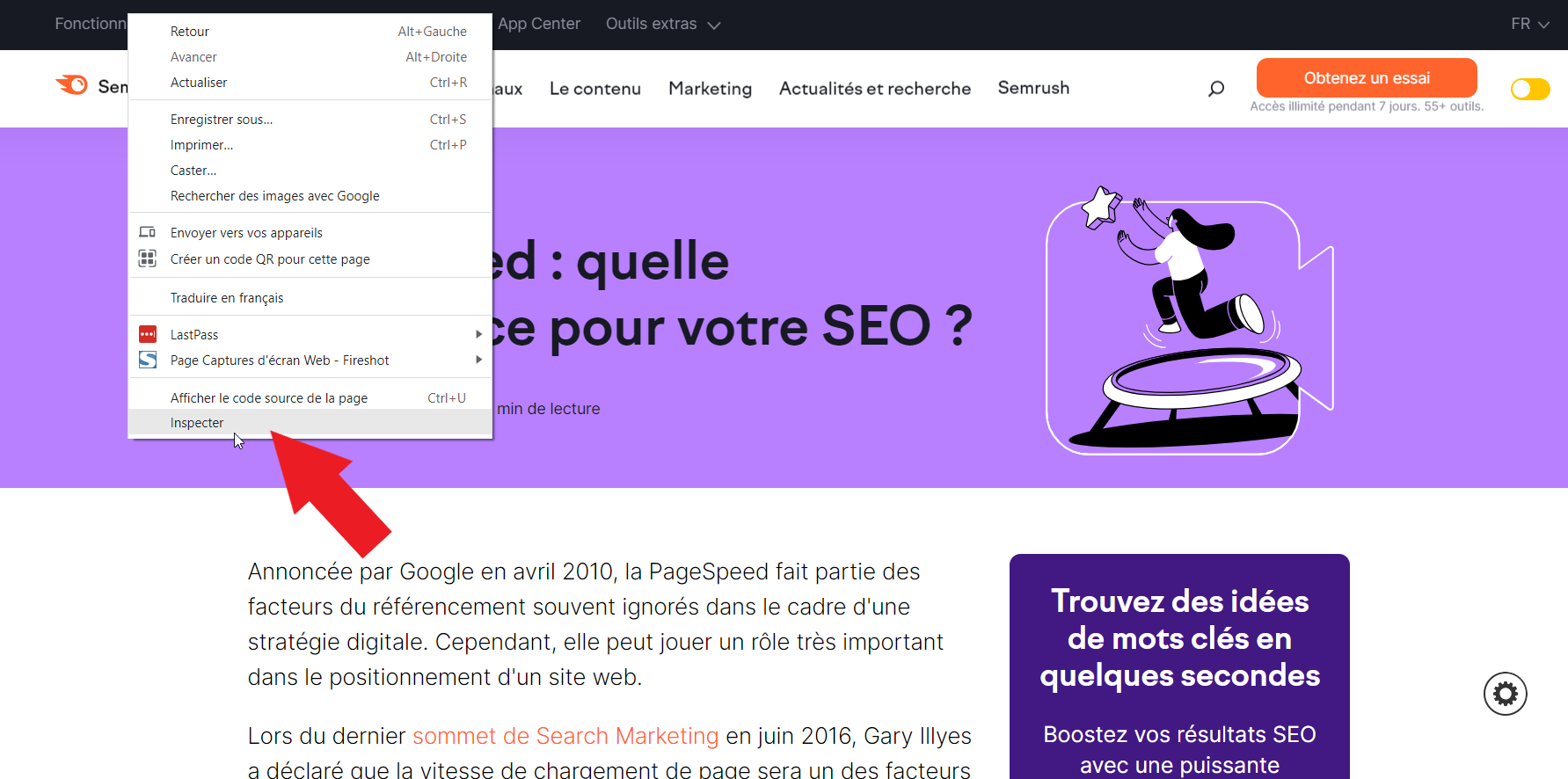 Clic droit et inspecter sur une page web