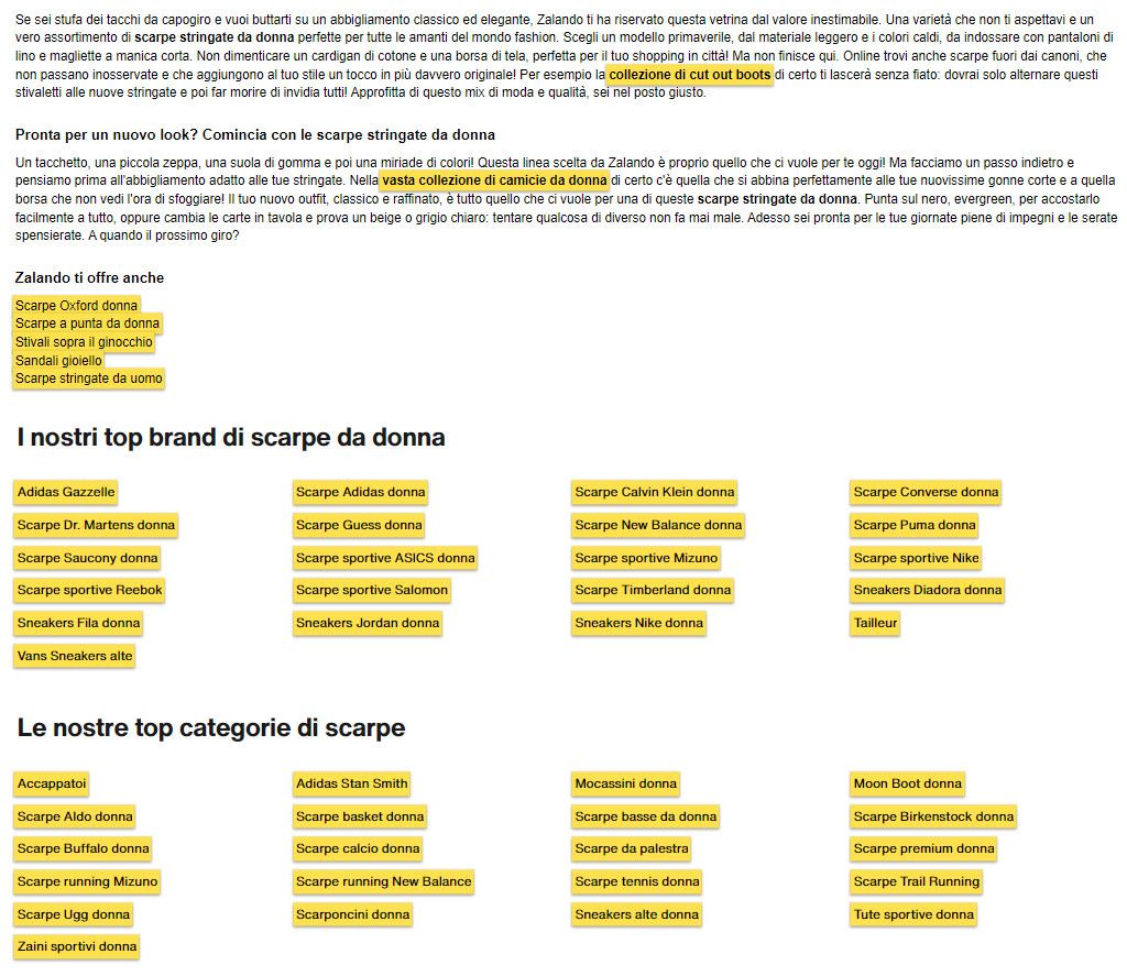 Esempio di best practice di link building interno dal sito Zalando