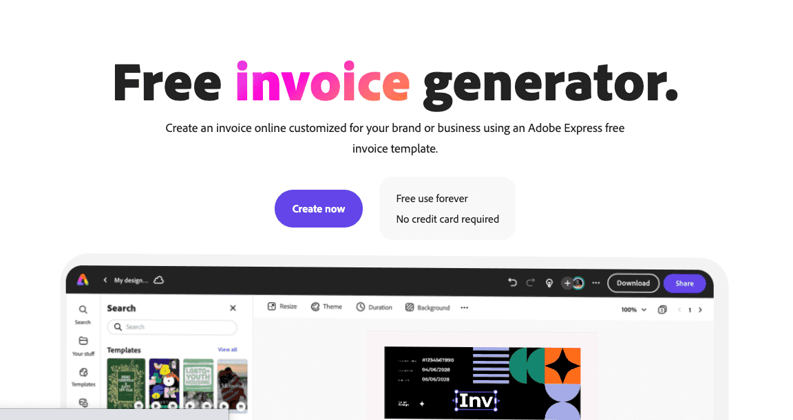 "Free invoice generator." page