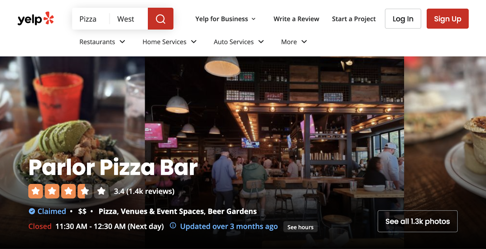 A conception business's Yelp level scheme shows mean prima ratings and afloat reviews.