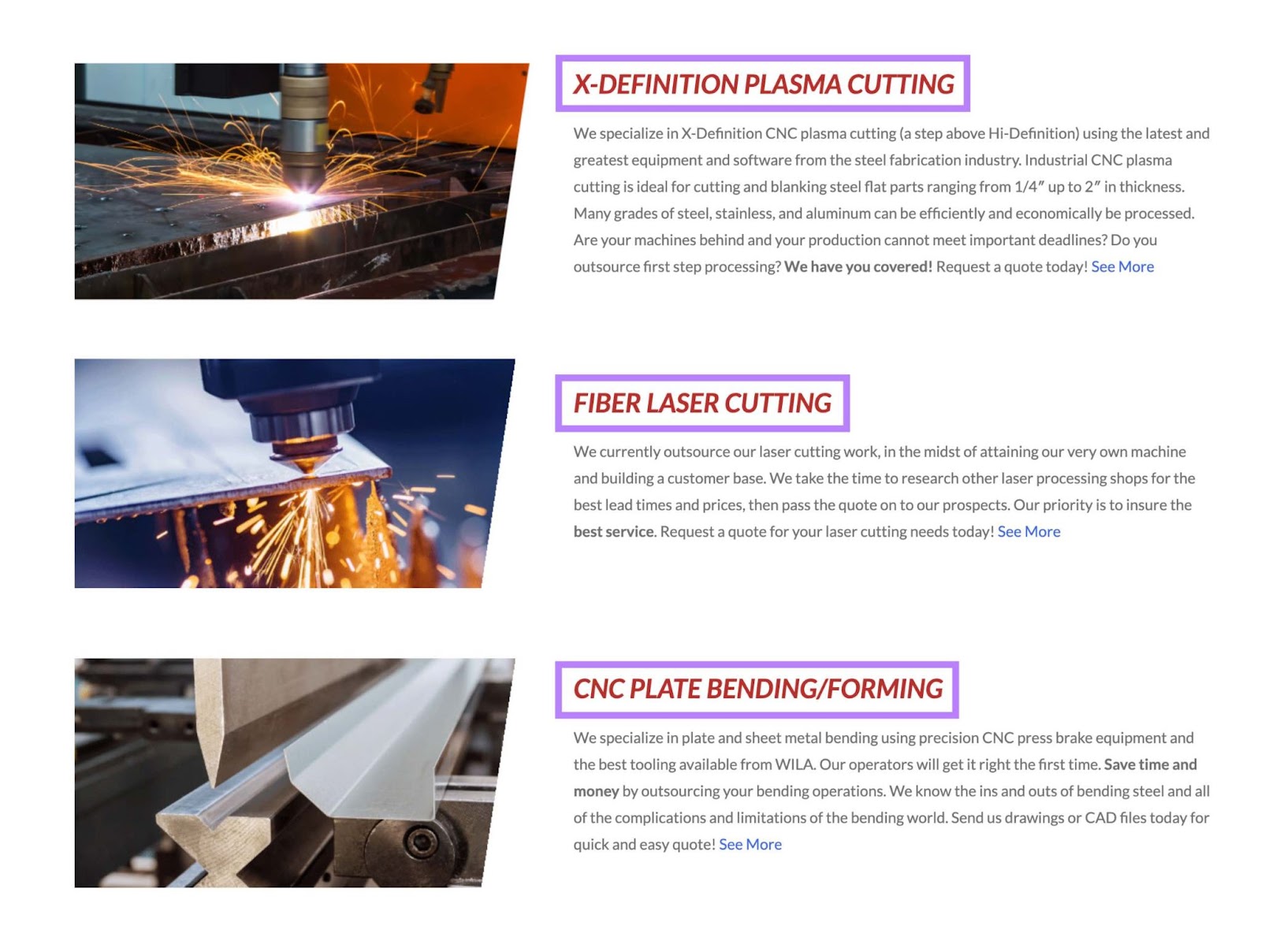 Manufacturing and fabrication shop Plasma Cutting Services using keywords related to “plasma cutting” as H2s on its homepage.