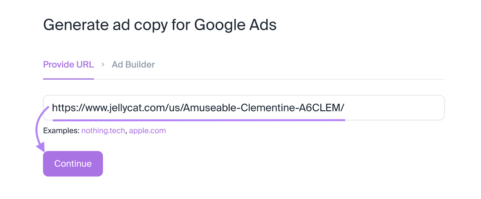 "Provide URL" tab in setting up AI Ad Copy Generator