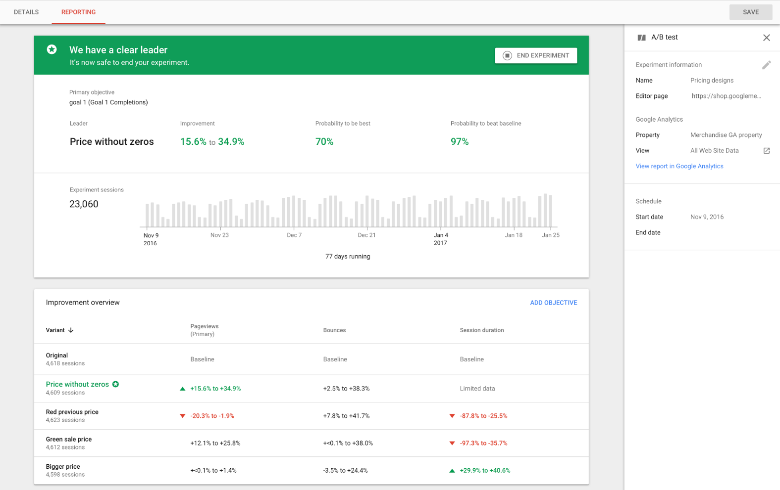 Sección" de Informes de Optimize "