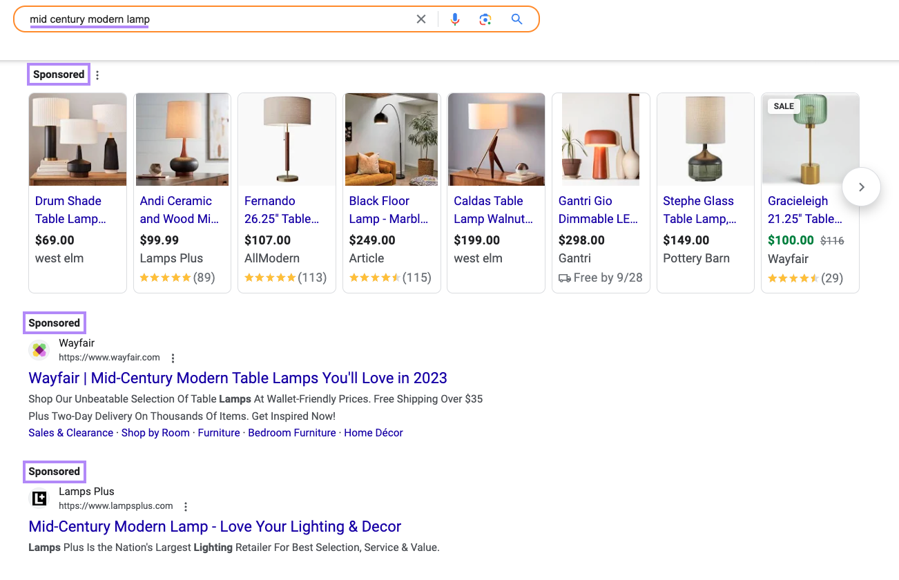 Google SERP for "mid century modern lamp" search with "sponsored" posts highlighted