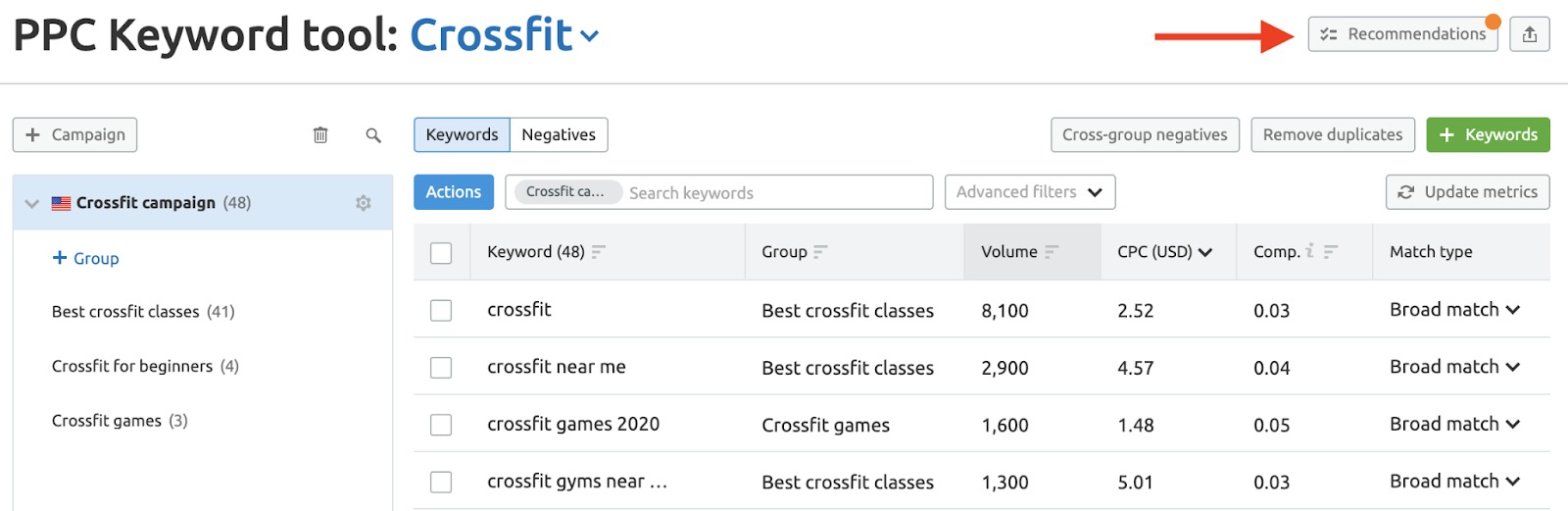 PPC Keyword Tool recommendations for "crossfit"