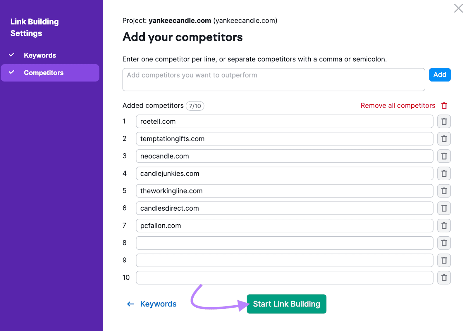 “Start Link Building” button selected at the bottom of "Add your competitors" window