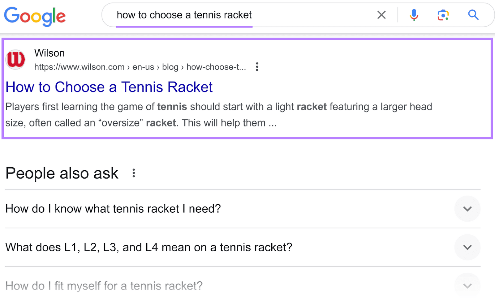 Google hunt  results for "how to take  a tennis racket," featuring a apical  effect   from Wilson's website.