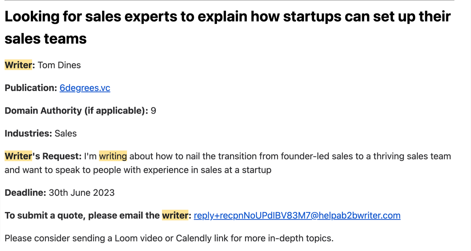 an example of Help a B2B Writer’s query looking for sales experts to explain how startups can set up their sales teams