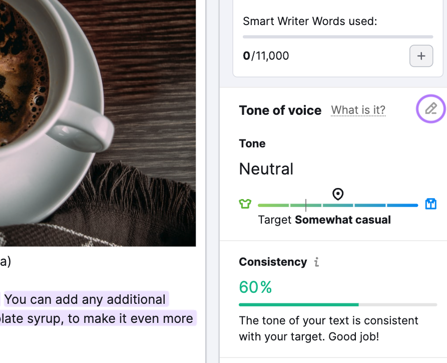 "Tone of voice" section shows "neutral" with a target set to "somewhat casual"