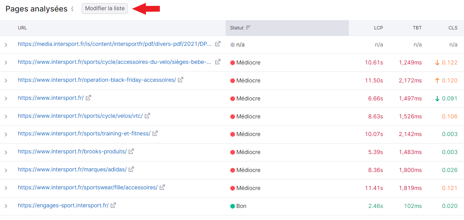 Bouton modifier la liste dans le rapport Core Web Vitals