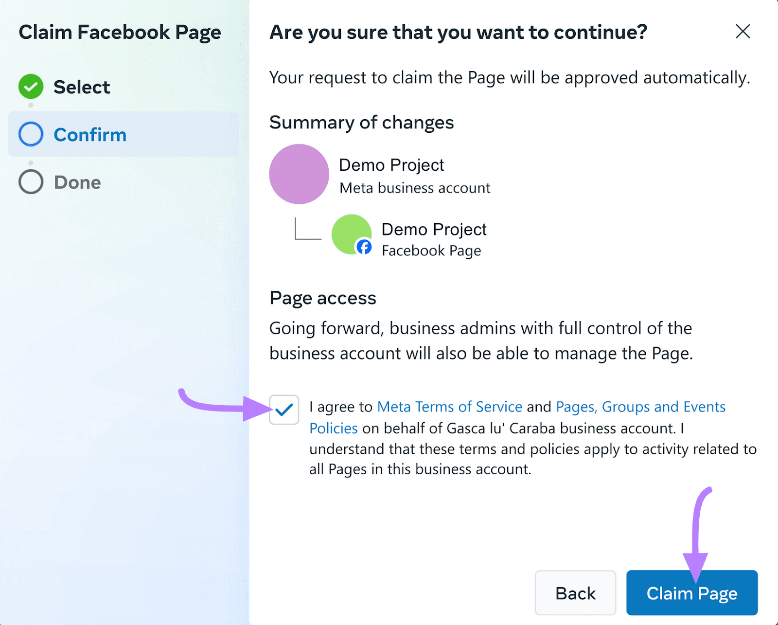 Terms and conditions box checked and "Claim Page" button highlighted