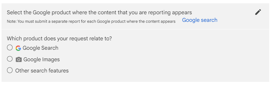 Source question in Google’s “Report Content on Google” form