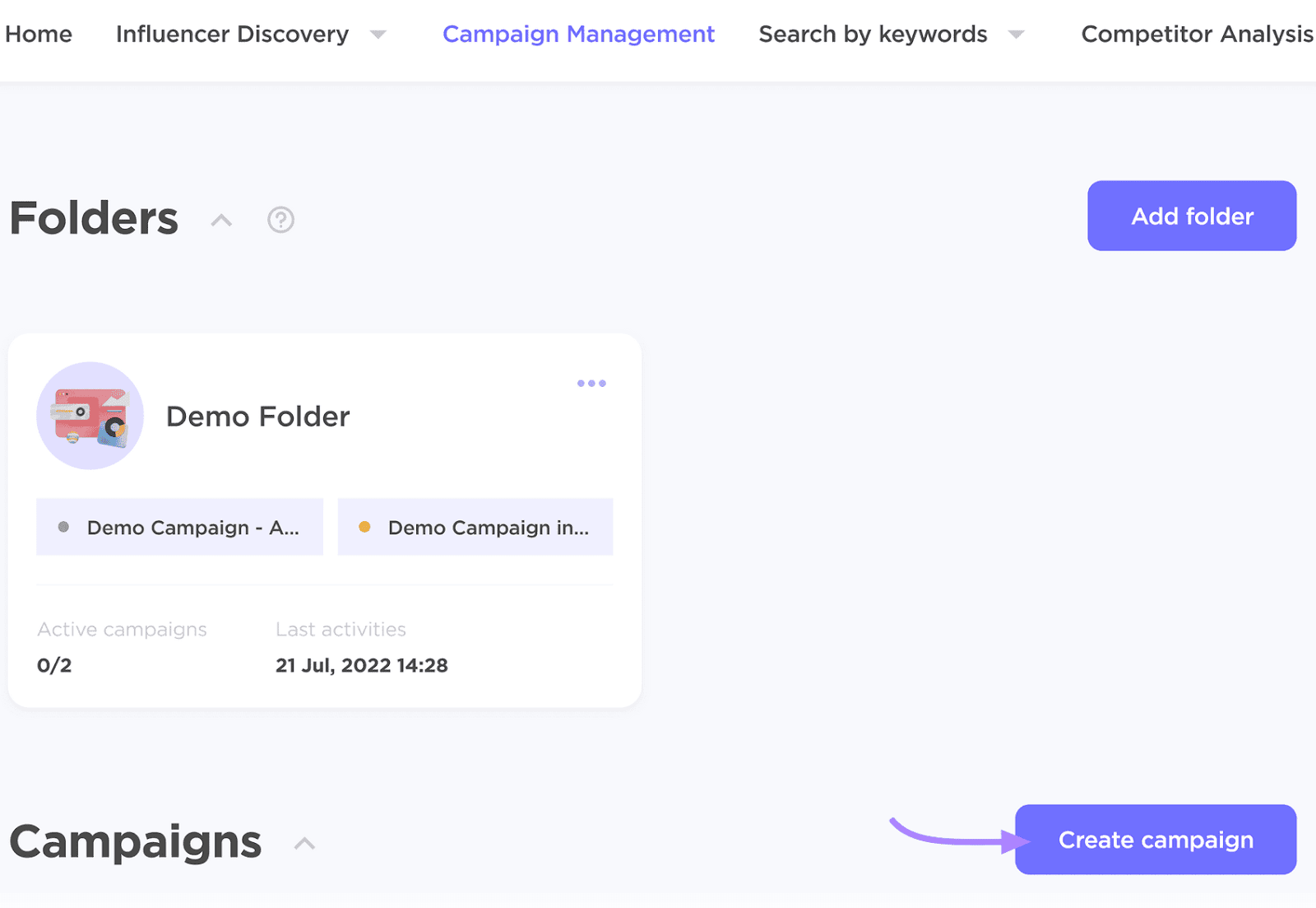 Influencer Analytics "Campaign Management" leafage   with run  instauration  options.