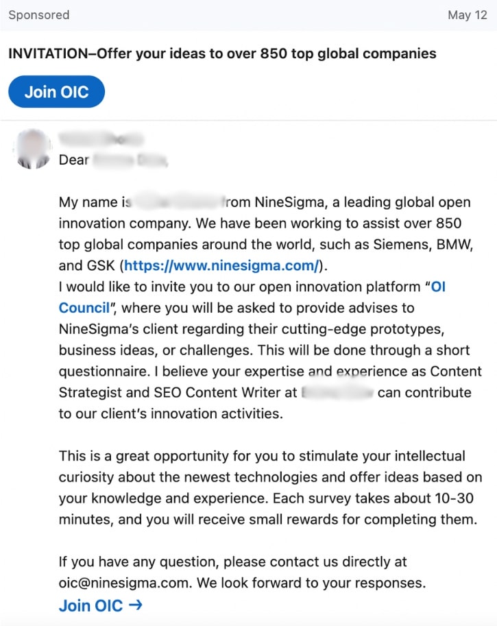 LinkedIn message ad inviting LinkedIn member to join OIC