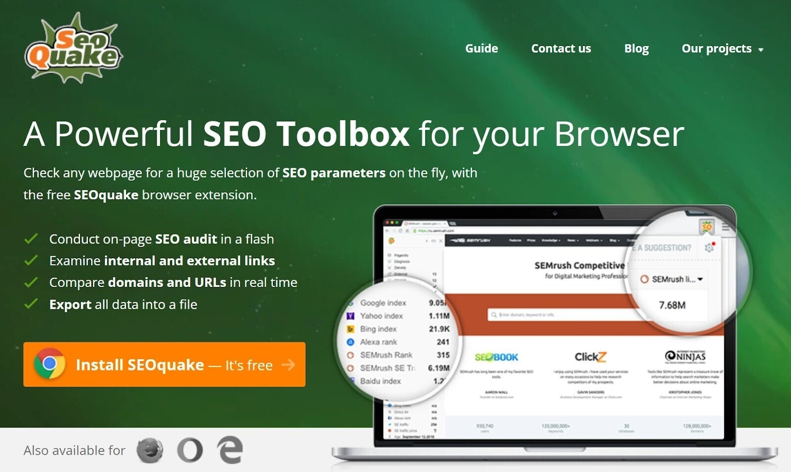 SEO Quake homepage with title "A Powerful SEO Toolbox for your Browser"
