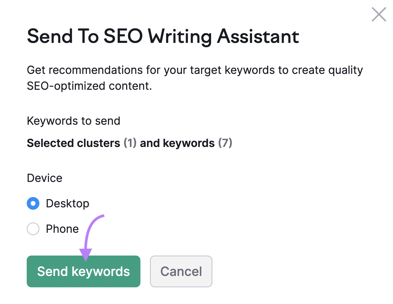 “Send keywords" button selected under “Send To SEO Writing Assistant" window