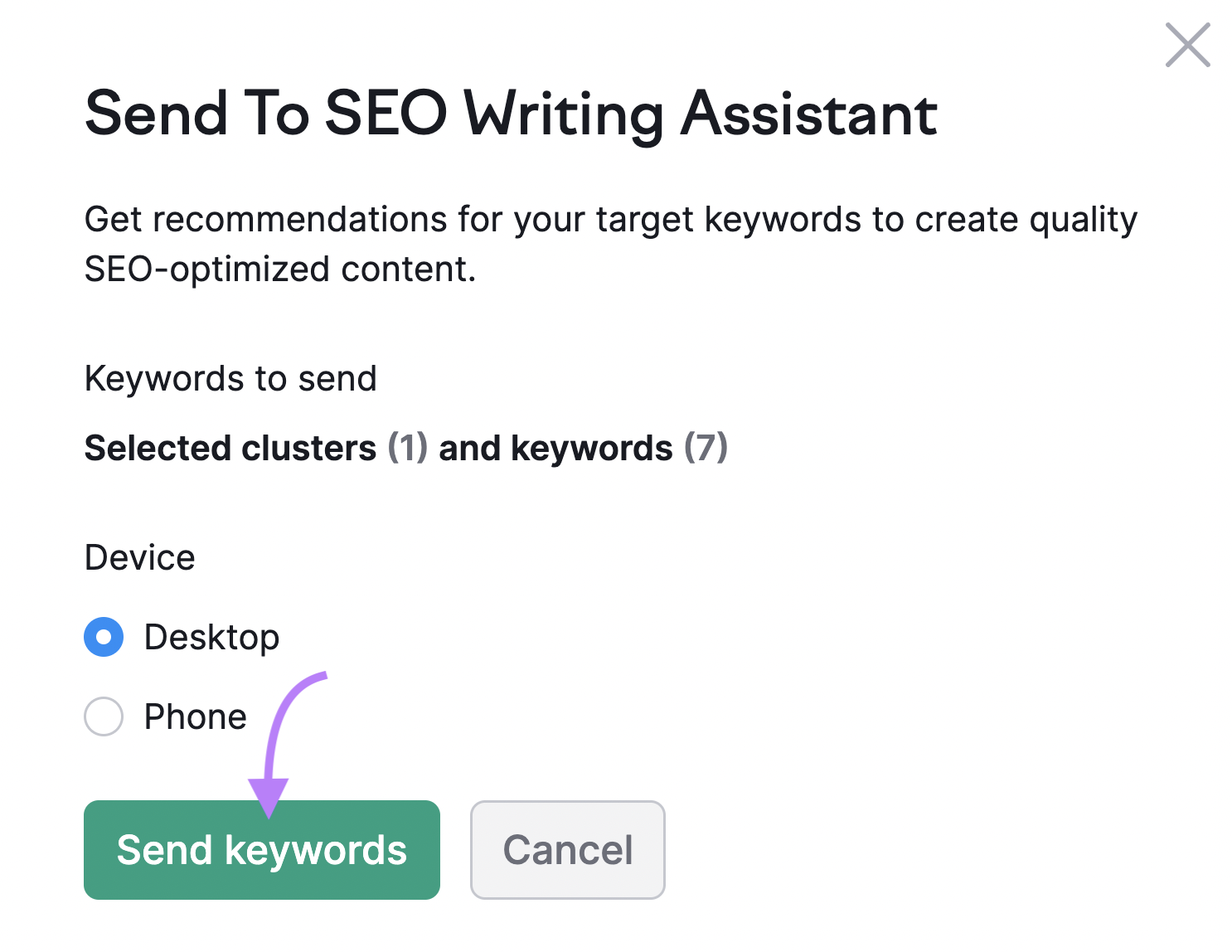 O botão "Send keywords" (Enviar palavras-chave) foi selecionado na janela "Send To SEO Writing Assistant" (Enviar para o SEO Writing Assistant)