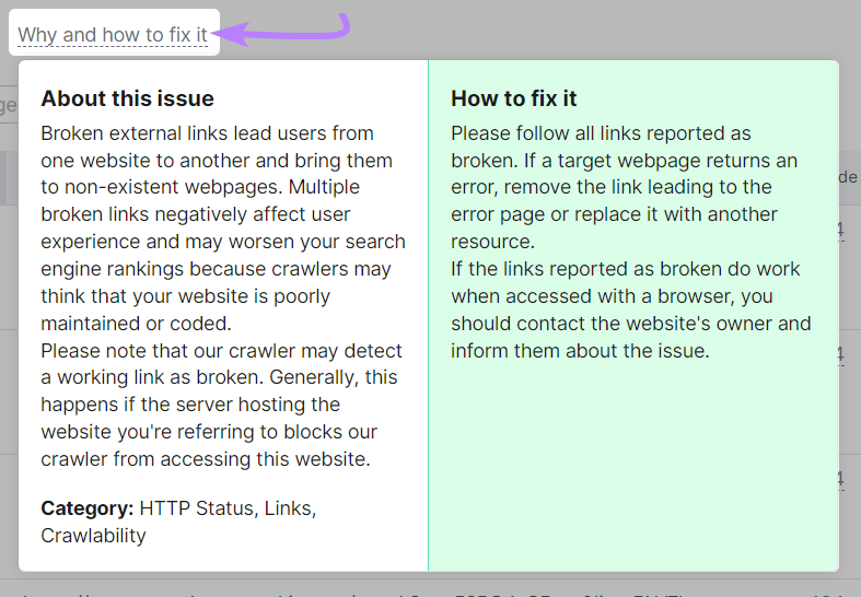 An example of “Why and how to fix it" section for broken external links in Site Audit
