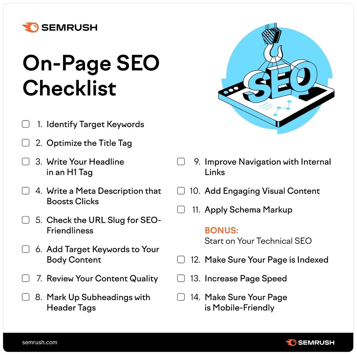"On-Page SEO Checklist" infographic by Semrush shows list of on-page SEO tips with simple graphics