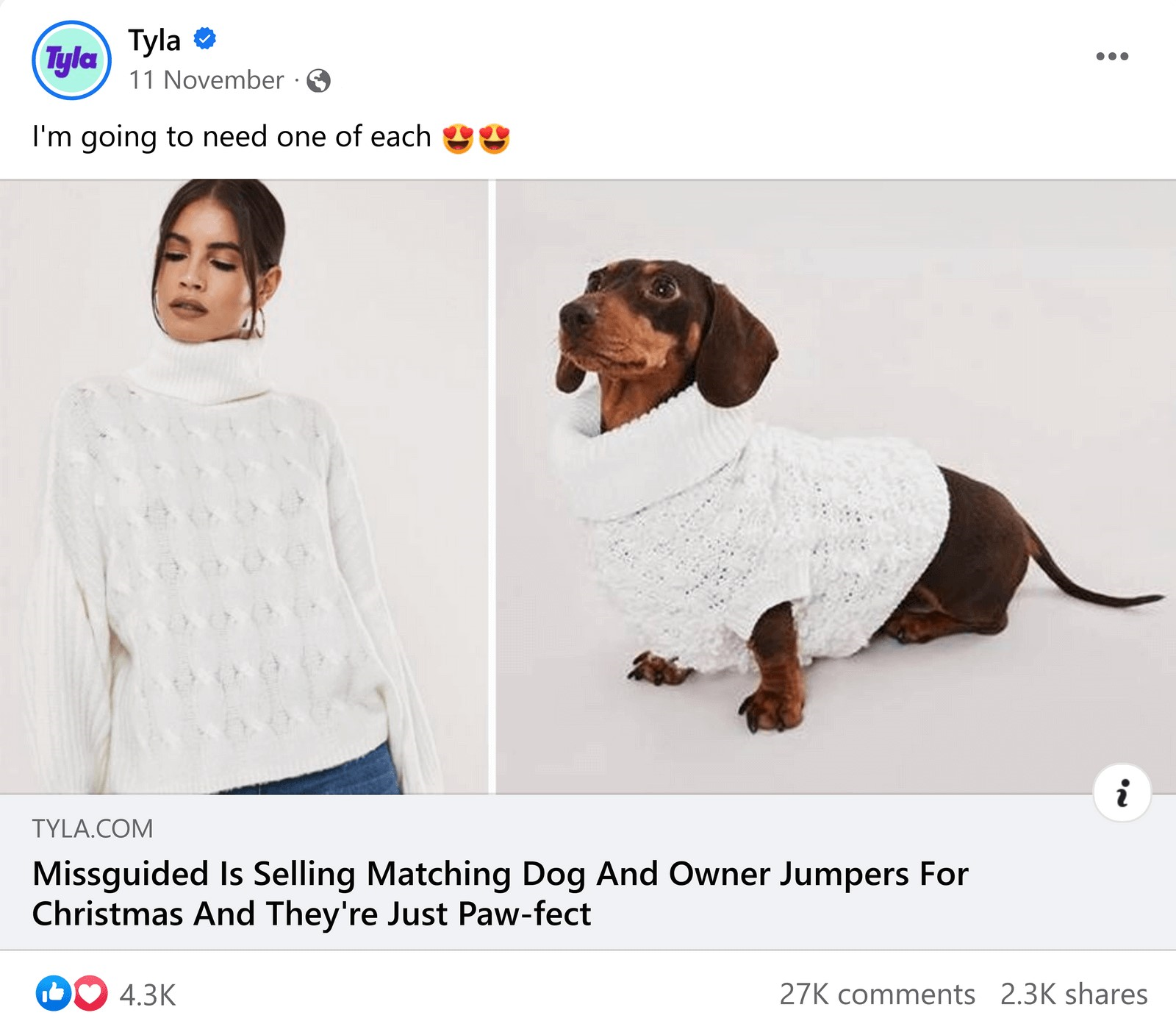 an article about Missguided selling marching  and owner jumpers for Christmas posted by "Tyla"