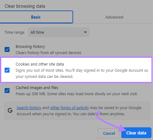 “Cookies and other site data” selected under "Clear browsing data" menu