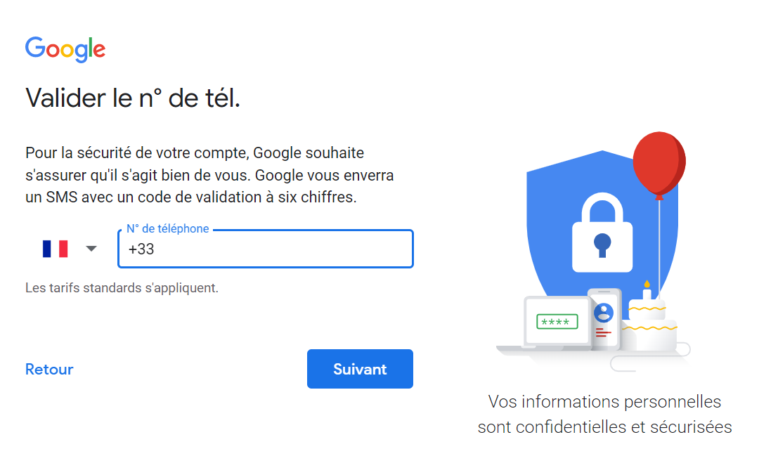 Compte Google - valider votre identité à l'aide d'un numéro de téléphone