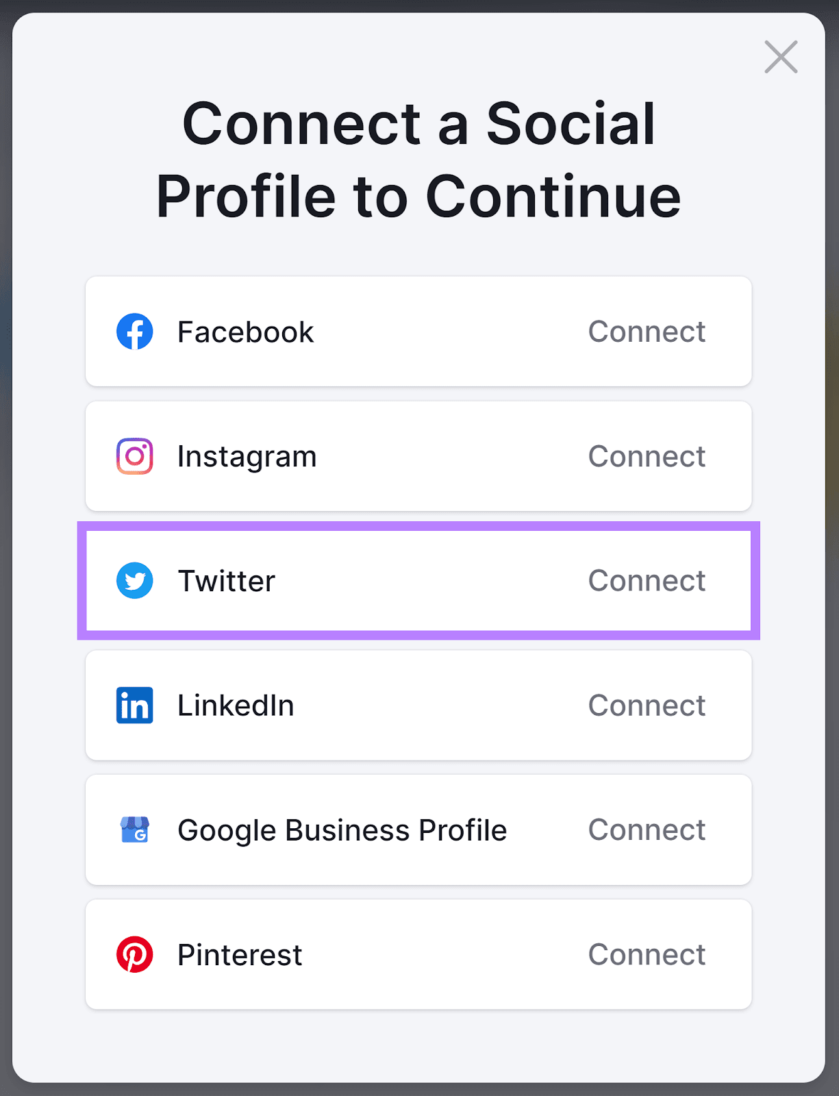 Connect to a Social Profile popup with Twitter option highlighted.