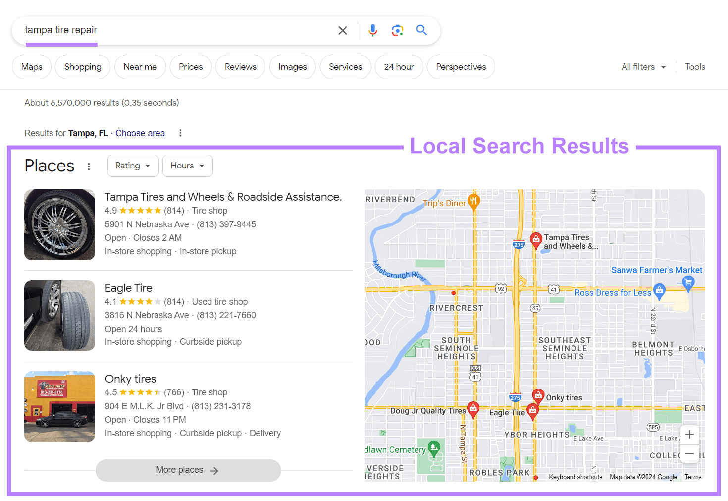 Google local search results for "tampa tire repair"