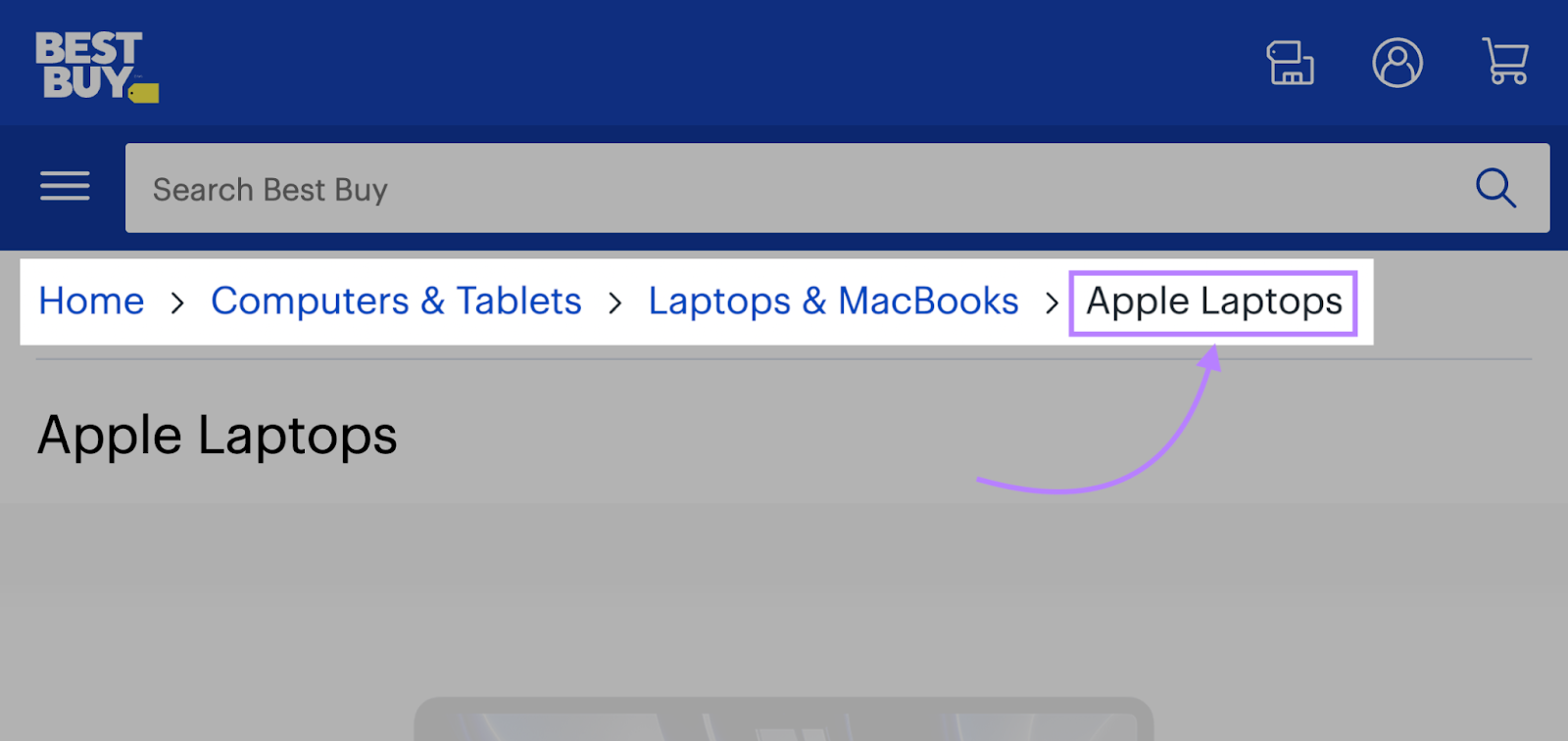 Best Buy's current page in the breadcrumb trail named "Apple Laptops"