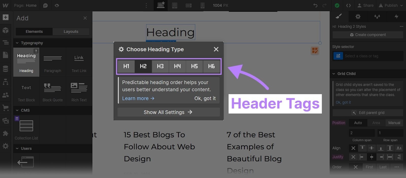 "Choose Heading Type" asset in Webflow