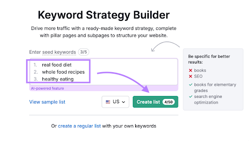 Entering terms in Keyword Strategy Builder