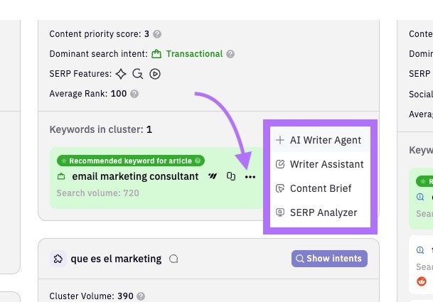 In-platform tools like AI Writer Agent, Writer Assistant, Content Brief, etc. highlighted next to a cluster on Keyword Insights.