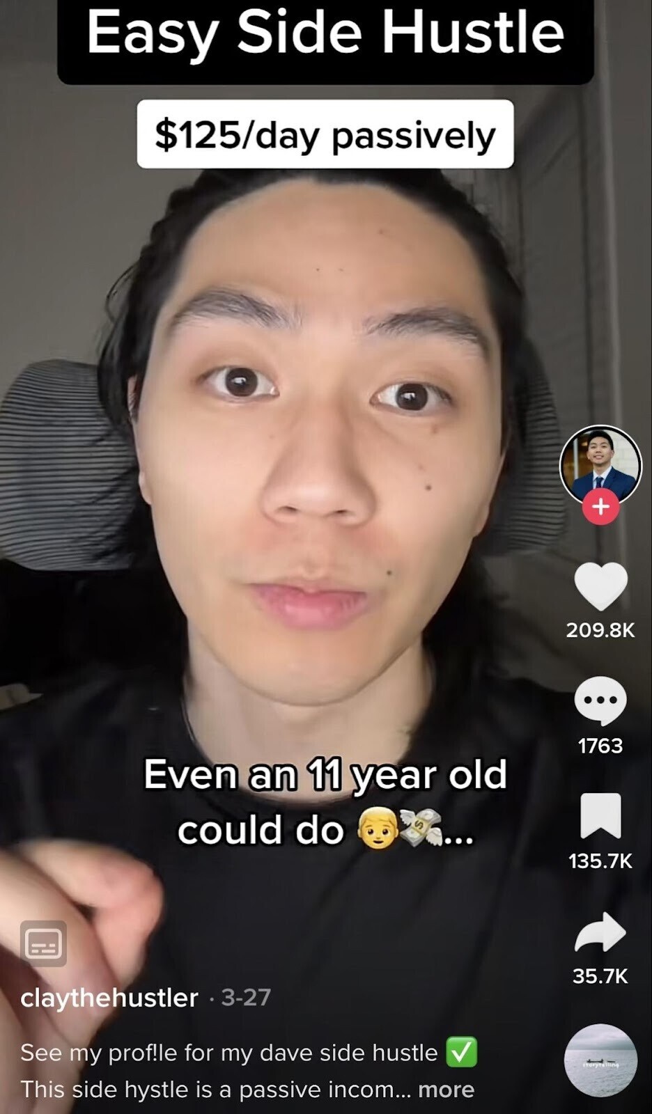 TikTok’s For You Page showing a video from the user @claythehustler about financial and passive income tips