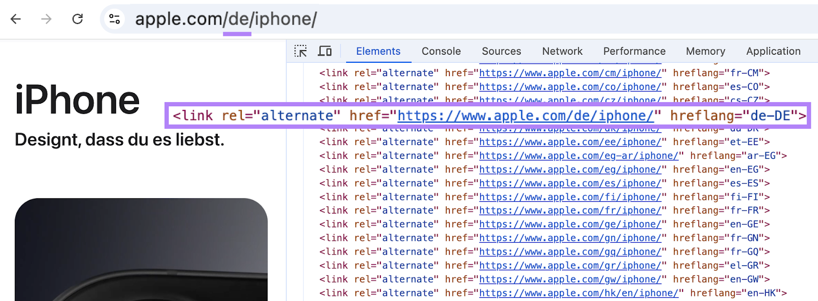 Hreflang tag is shown in the code with list of other hreflang tags for that page.