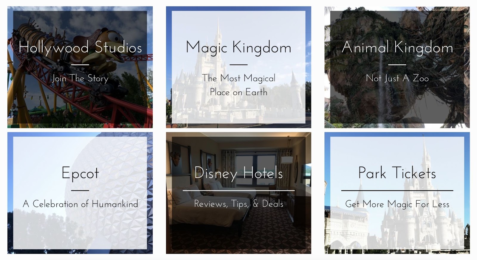 Image links to guides about Hollywood Studios, Magic Kingdom, Animal Kingdom, etc.