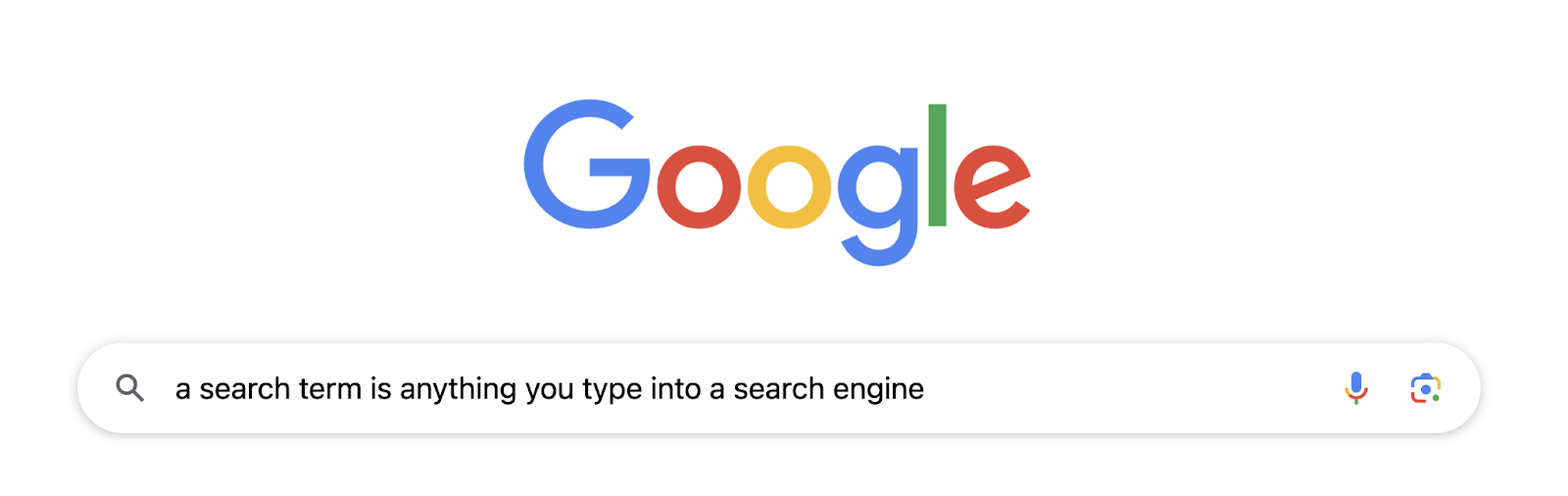 Google search engine box with "a search term is anything you type into a search engine" entered