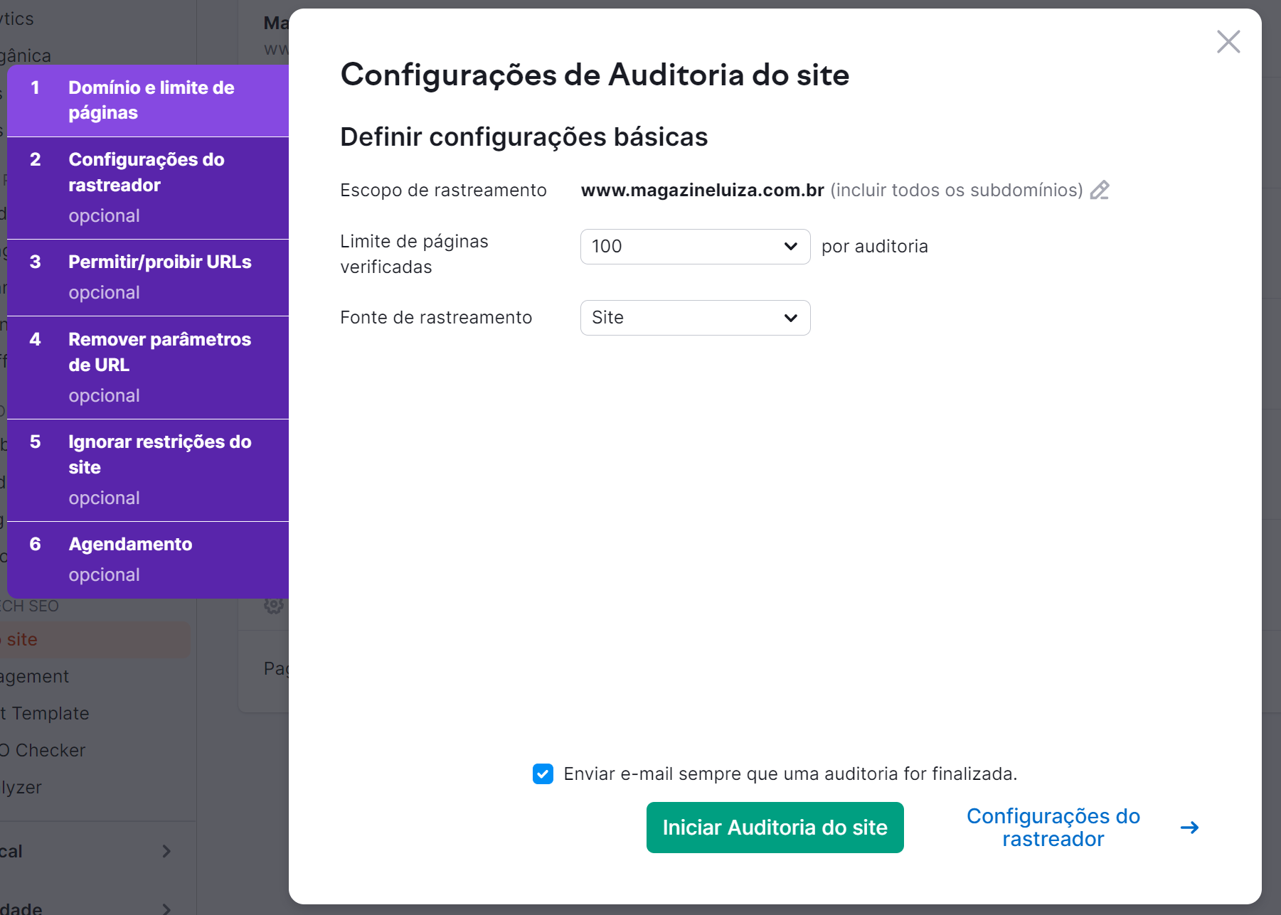 configurando auditoria do site