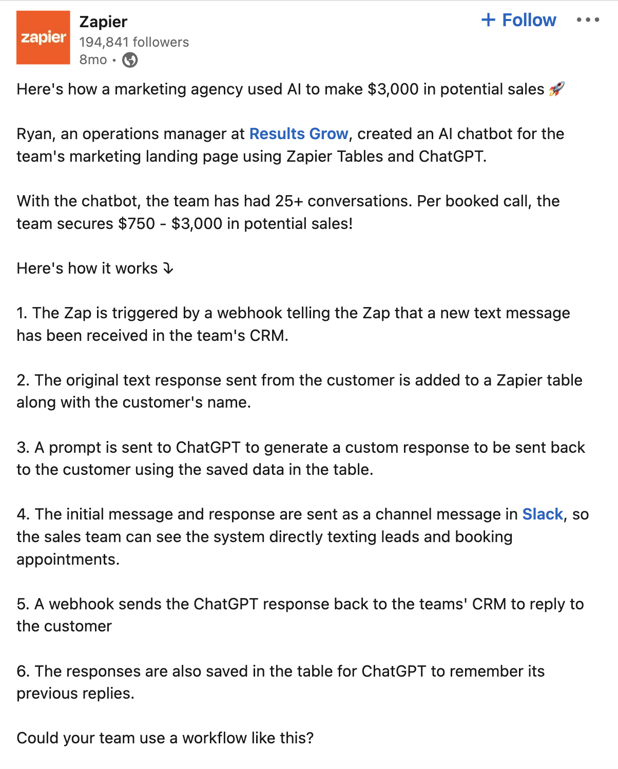 Zapier's LinkedIn post sharing a story of how a user was able to improve conversions and increase sales by using the tool