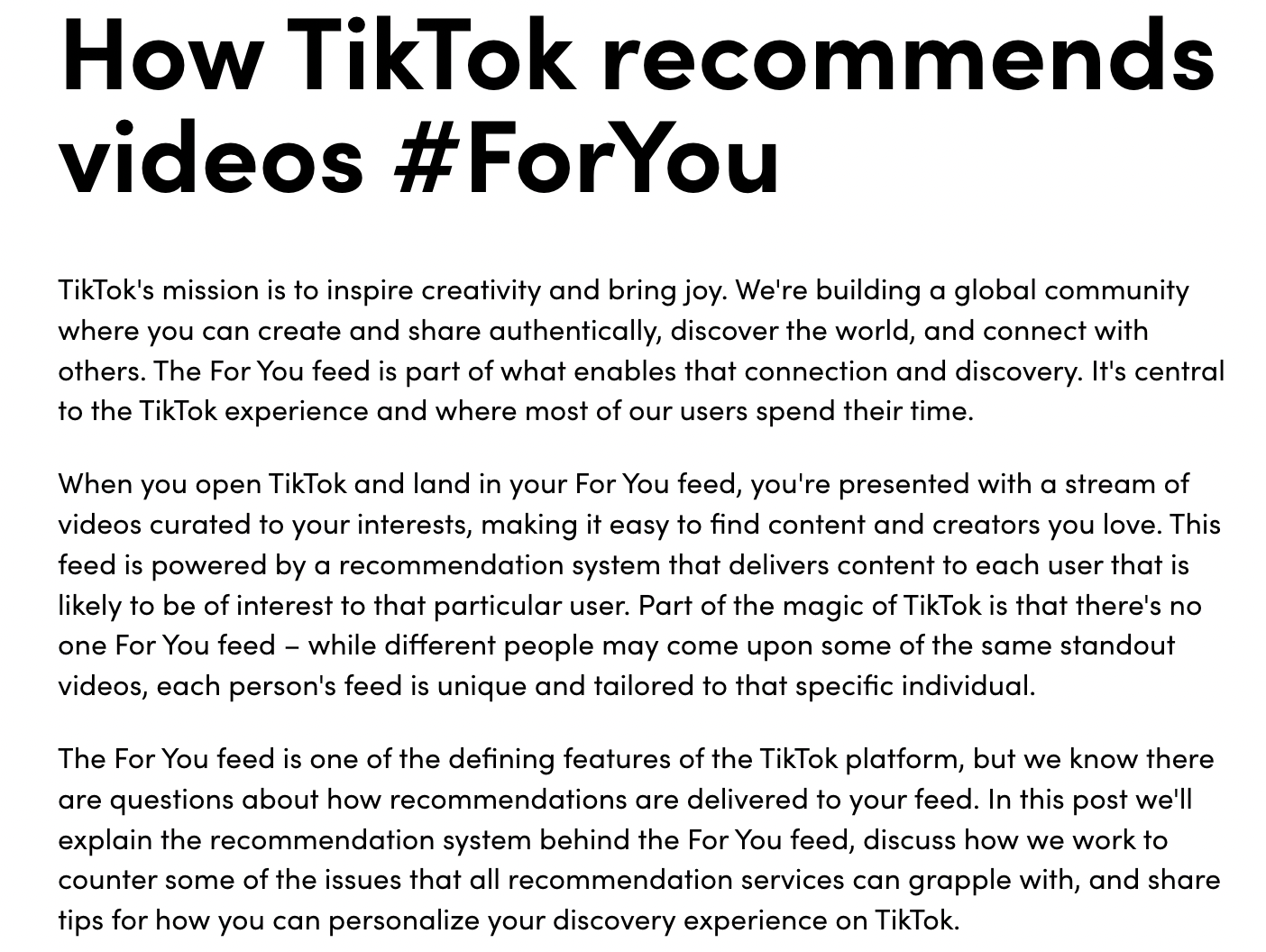 "How TikTok recommends videos #ForYou" page