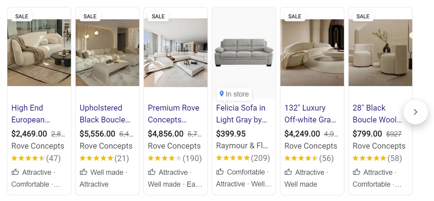 PLA ads for sofas contain images in a styled room settings etc.
