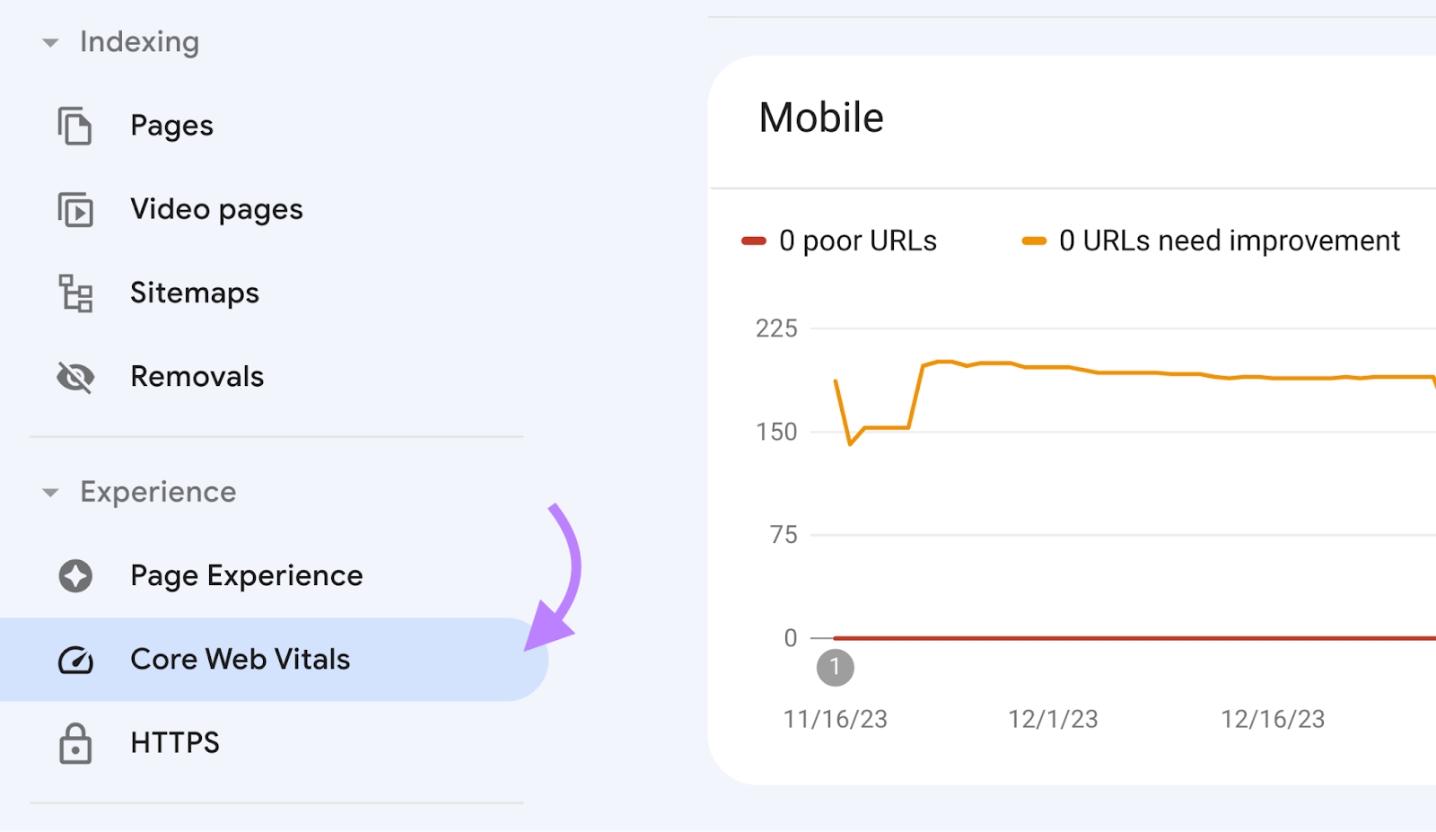 Navigating to "Core Web Vitals" successful  Google Search Console