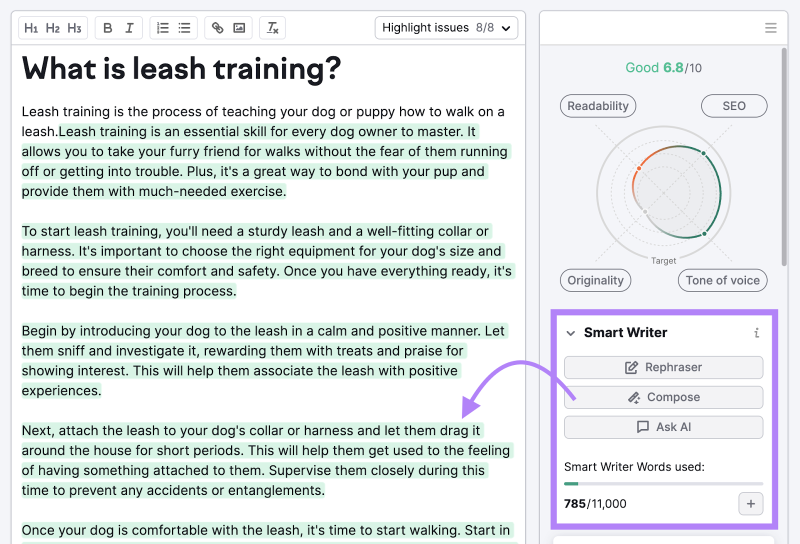 An article on "What is leash training" on the left-hand side and "Smart Writer" widget on the right-hand side in SEO Writing Assistant