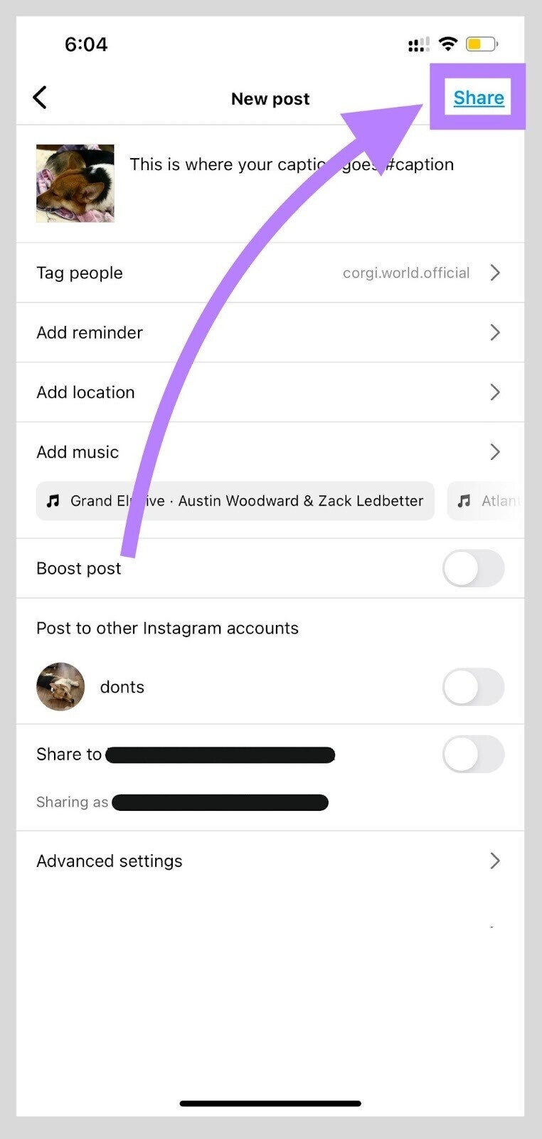 “Share” button lets users publish an Instagram post immediately